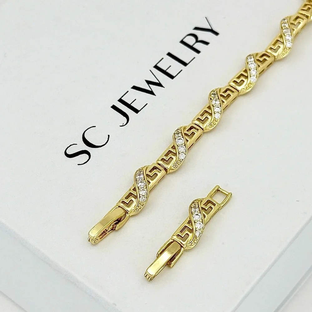 14K Gold Plated Greek Key Bracelet w/ Pavé Zirconia Wrap Detail | Luxury Jewelry